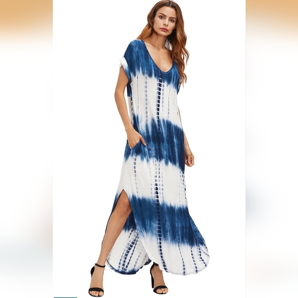 Maxi Short Sleeve Pockets Blue Tie Dye Long Dress V-Neck Side Slits Beachy Boho